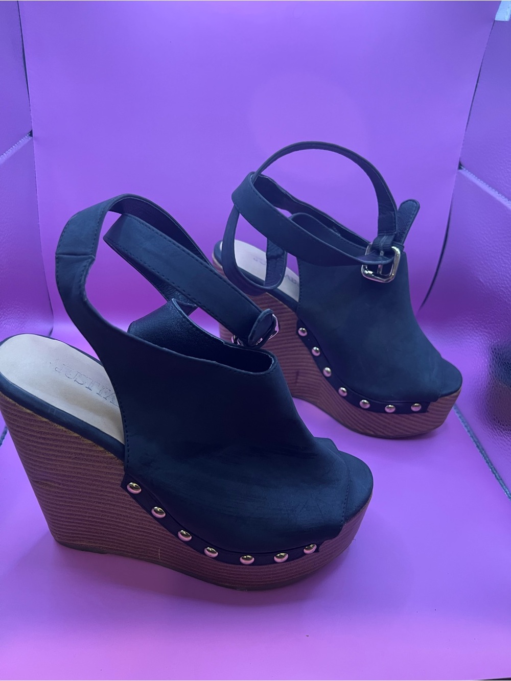JustFab Black Open-Toe Slingback Wedges with Wood-Effect Platform